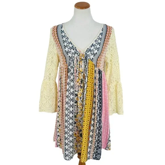 Mixed Print Lace Bell Sleeve Mini Dress | Boho Coastal Cowgirl Whimsigoth Indie - Picture 2 of 12